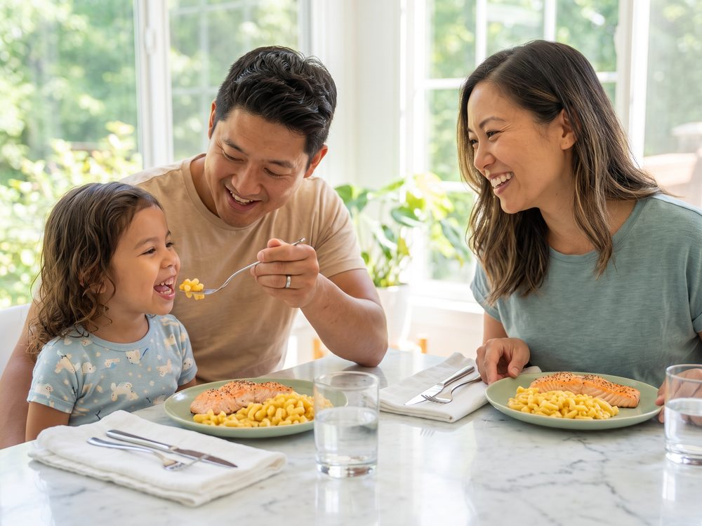 A happy young child laughing at the dinner table over salmon and mac and cheese, with both parents