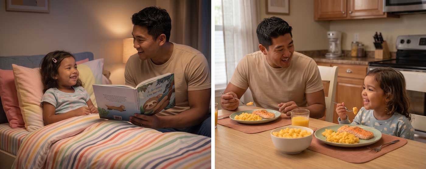 Left: a father reading the Jungle Week bedtime story to his daughter. Right: the same girl laughing at the dinner table over salmon and mac and cheese.