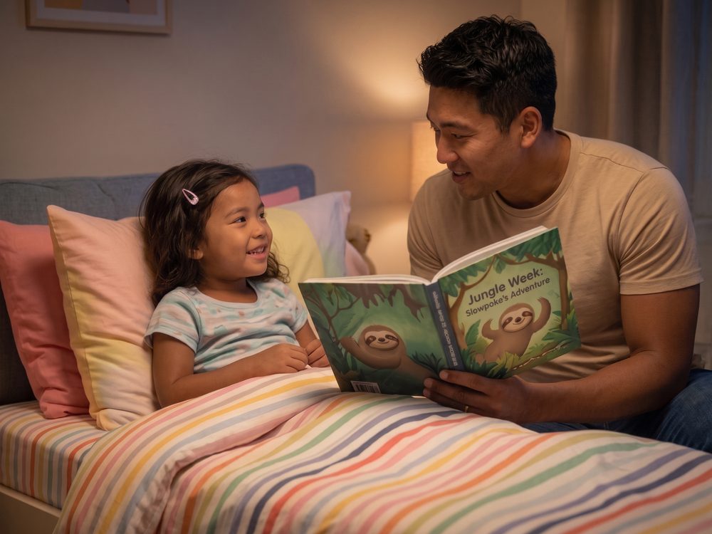 Parent and child reading a personalised bedtime story together