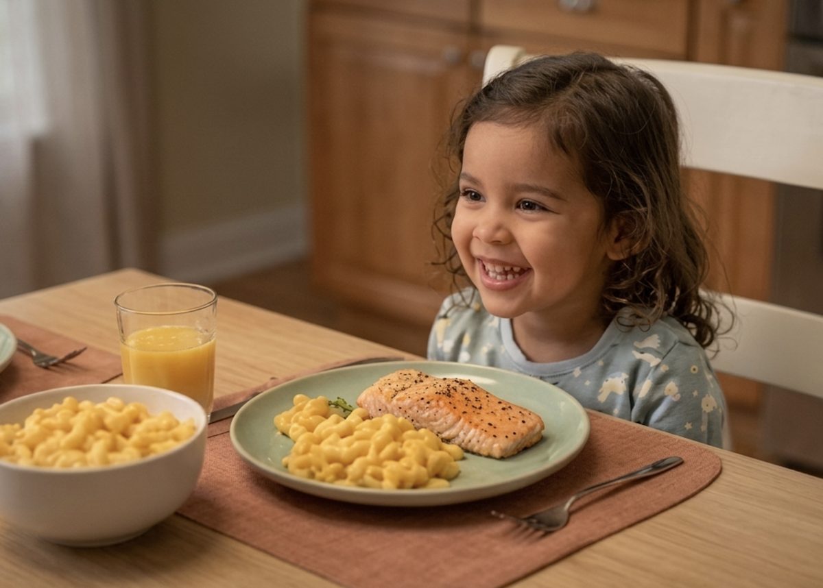 A happy young child smiling at the dinner table with salmon and mac and cheese