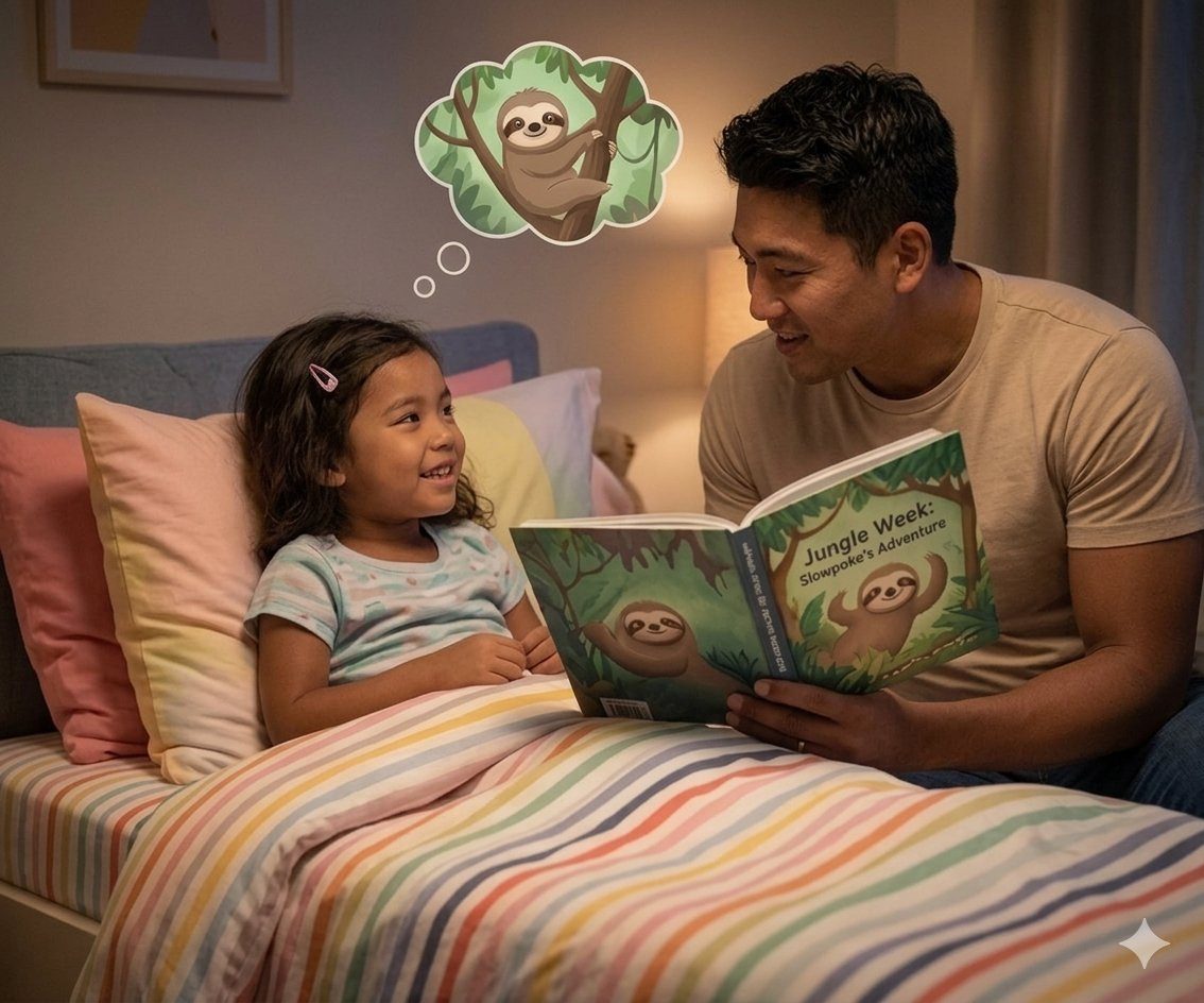 A father reading the Jungle Week: Slowpoke's Adventure bedtime story to his daughter at bedtime